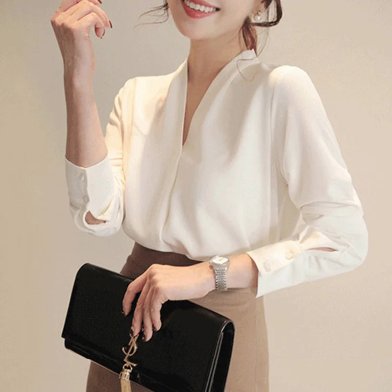 

2019 Fashion Blouse Women Chiffon Casual Simple Office Lady Shirt Tops Solid Color V-neck Blouse Long Sleeve Female Autumn