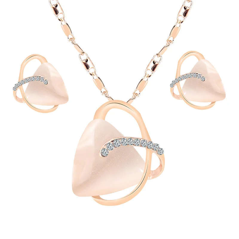 

TSHOU251 Woman party fashion geometric set crystal opal pendant necklace earrings set