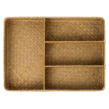 

New Handmade Straw Woven Storage Box Sundries / Tableware / Cosmetics Natural Multi-Function 4 Slot Kitchen / Office Organizer