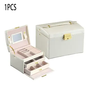 

PU Leather Jewelry Storage Box Three Layer Double Drawer Makeup Organizer Dust Proof Jewelry Storage Box