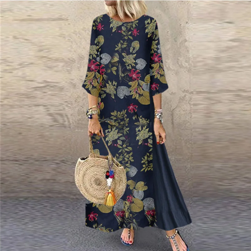 New Blue Dress Faylisvow размера плюс летнее макси платье мешковатое 3/4 рукав летучая мышь Хлопок Лен Длинные платья Повседневное богемное Длинное Платье 4XL 5XL - Цвет: New Blue Dress
