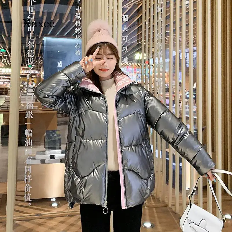 

Winter Jacket Fur Hooded Jacket Fashion Solid Color Loose Long Women's Smooth Casual Cotton Padded Coat Jacket