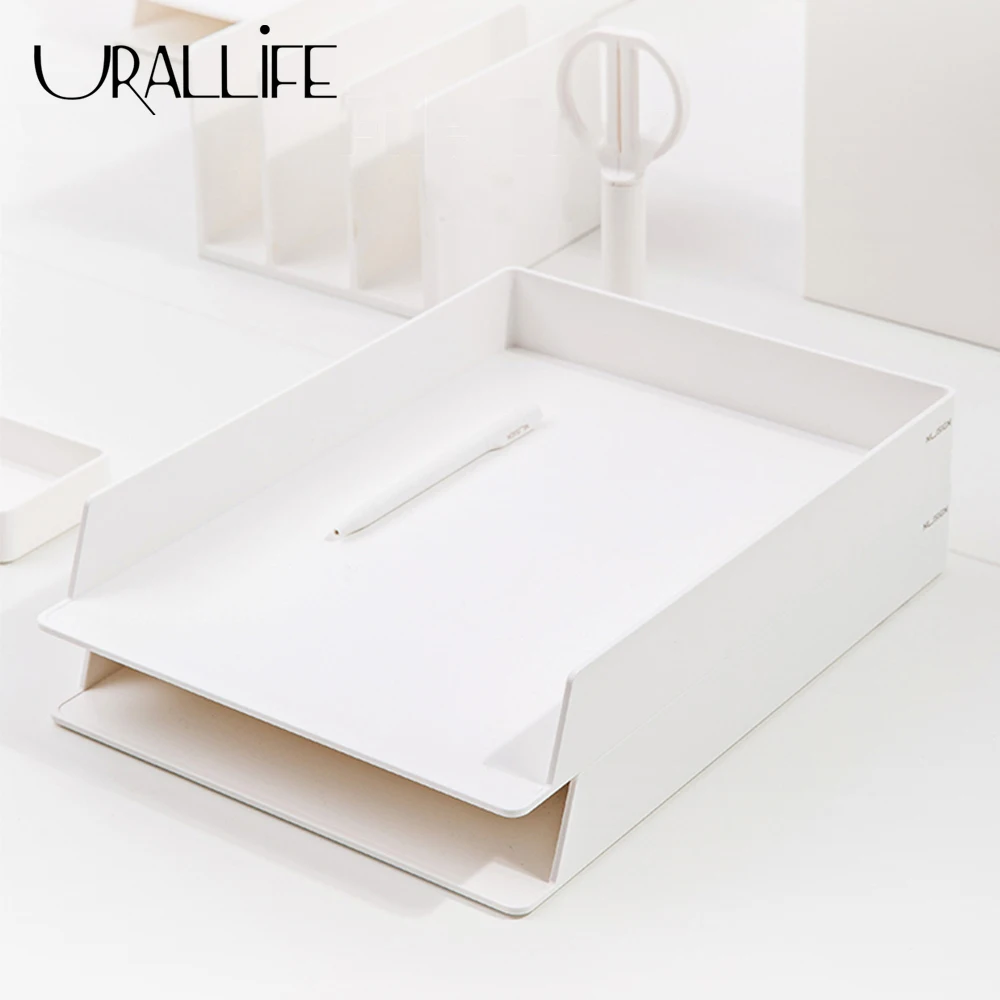 

Urallife Desktop Files Tray Double Layer Envelop Rack Stackable ABS Books Magazines Storage Shelf School Office Stationary Case