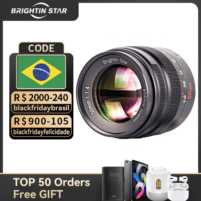 Brightin Star 50mm F1.4 APS-C Large Aperture Manual Focus Lens Mirrorless Cameras Lens Fuji, Black 