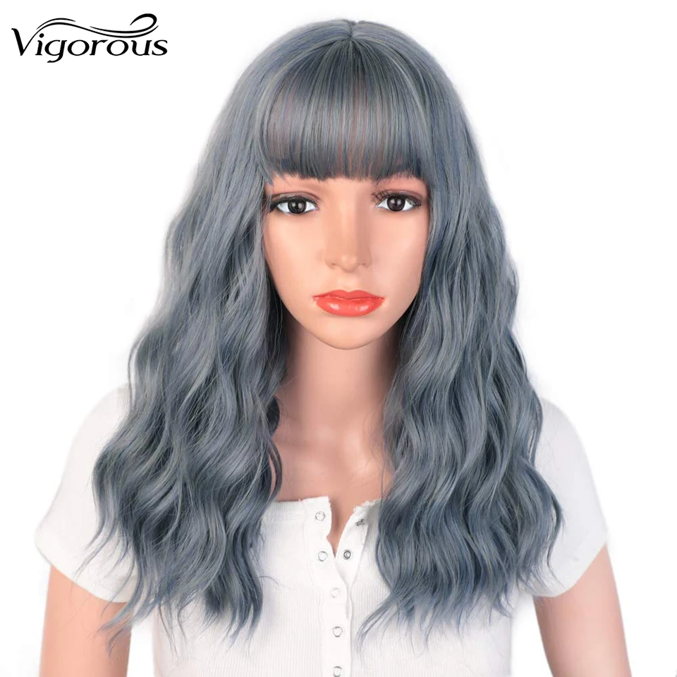 

Vigorous Natural Wave Wig Blue or Black Wig With Bangs Synthetic Long Wigs for Women Heat Resistant Fiber Hair