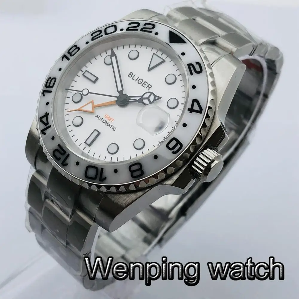 

Bliger 40mm Men's Top Luxury Mechanical Watch White Dial Sapphire Glass Ceramic Bezel Date Window GMT hand Automatic watch