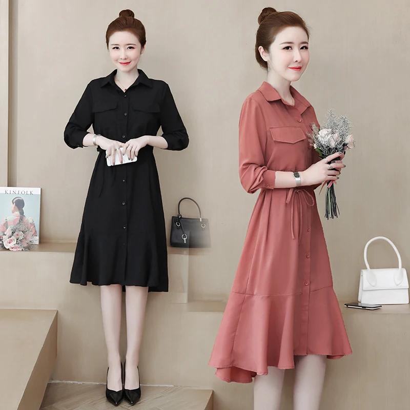 

L-5XL Office Lady Button Embroidery Woman Party Loose Long Sleeve Autumn Brick Red Black Elegant Plus Size Cocktail Dresses