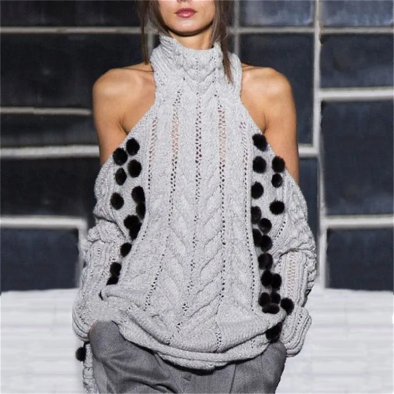 Зимний женский свитер с высоким воротом серый вязаный пуловер открытыми плечами