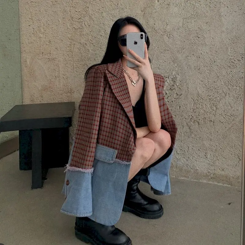 

Plaid Stitching Denim Design Sense Small Blazer Women's 2020 Autumn New Korean Style Loose Jacket Tweed Office Lady Oversized