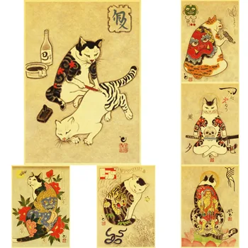 

Japanese Samurai Tattoo Cat Poster Retro Kraft Paper Posters Vintage Wall Art Painting Bar Bedroom Decor Stickers