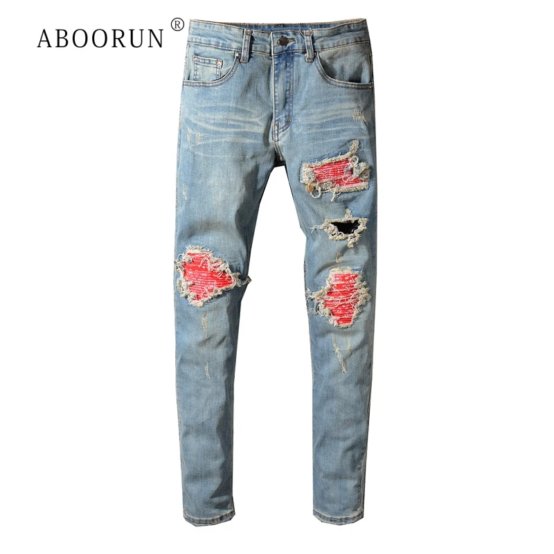 Мужские модные байкерские джинсы ABOORUN Hi Street потертые синие с потертостями и
