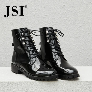 

JSI Fashion Winter Women Boots Ankle Patent Leather Shoes Lace-Up Solid Round Toe Square Heel Low Heel Basic Women Boots JE18