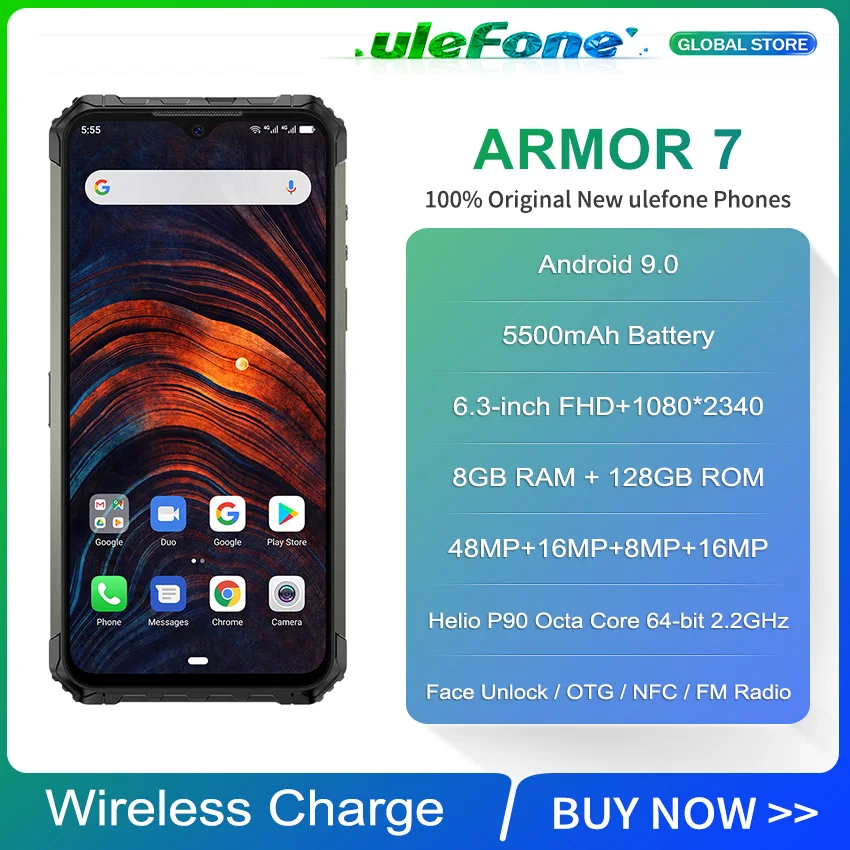 Смартфон Ulefone Armor 7 IP68, трекер сердечного ритма, Android 9,0, NFC Helio P90, четыре ядра, 6,3 дюйма, 8 ГБ+ 128 ГБ, 48MP, 4G, 5500 мАч, телефон