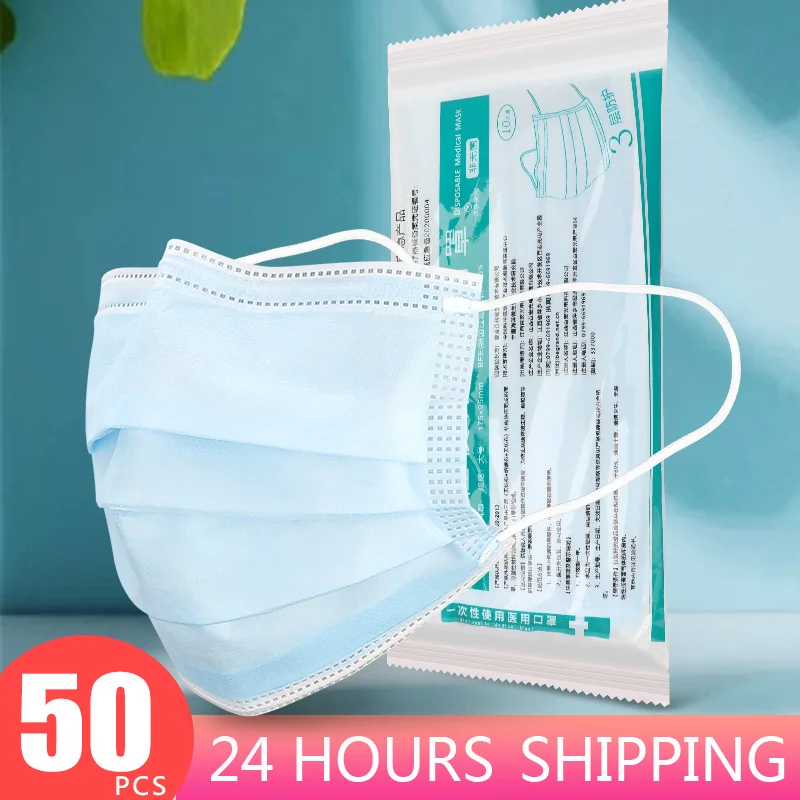 

50-100 pcs 3 Layer Non-woven Dust Proof Flu Face Mask Thickened Disposable Mouth Mask Anti-Dust Protective Earloops Cover Masks
