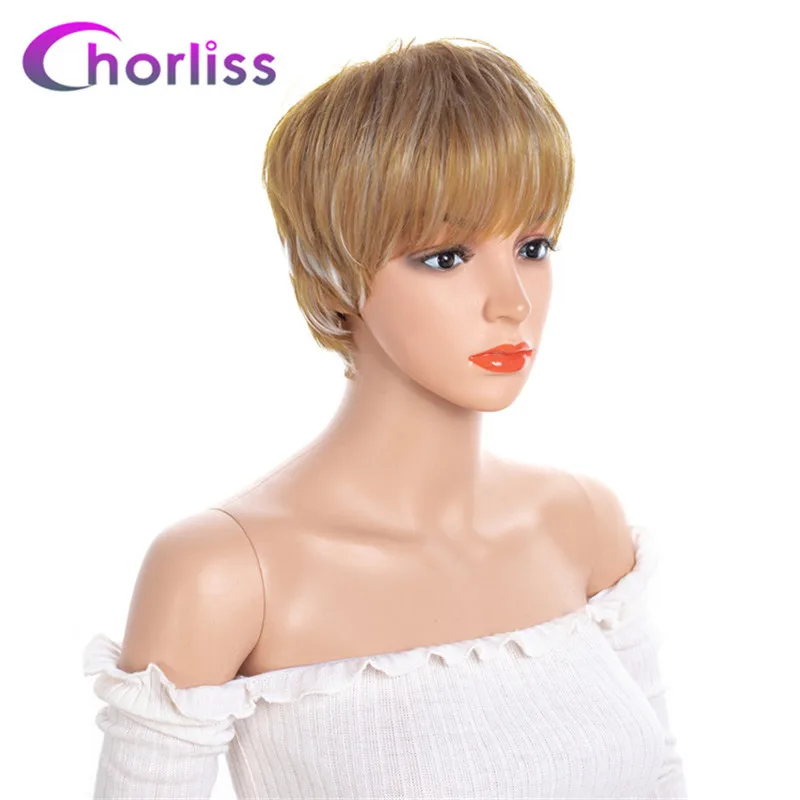 Короткий натуральный блонд Pixie Cut парики женские синтетические с челка