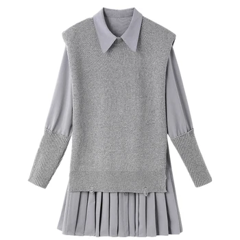 

2020 spring new shirt collar knitted pleated dress children's student sweater set shirt dress