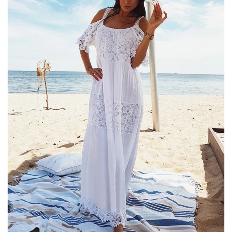 2021 Maxi Bohemian Dress Lace Cotton Patchwork Long Plus Size White Sexy Dress Off Shoulder 
