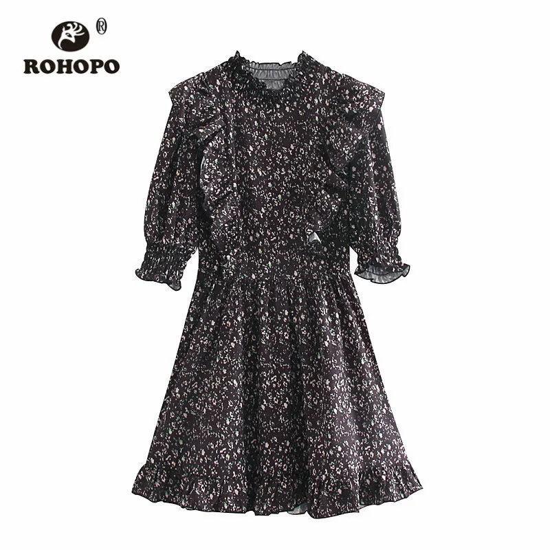 ROHOPO осеннее черное платье с вырезом-лодочкой и коротким рукавом, с животным принтом, спереди, с баской, с рюшами, Дамское мини платье#6526