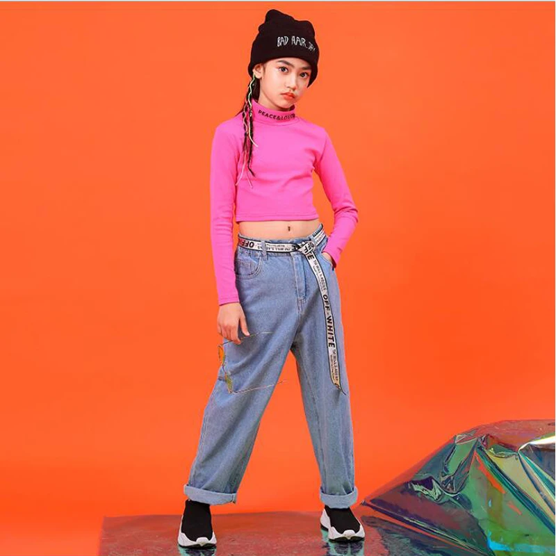 Крутая детская одежда в стиле хип-хоп свитер с высоким воротником короткий топ, джинсы повседневные штаны для бега для девочек, танцевальный костюм в стиле джаз