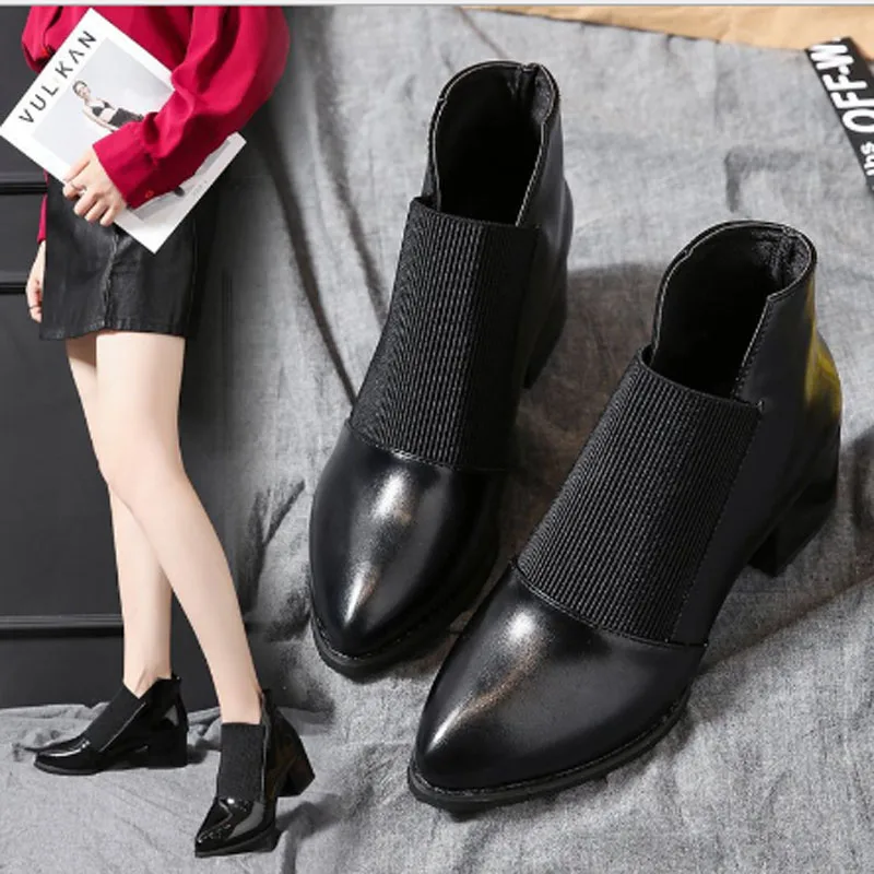 

Direct selling women ankle boots qiu dong pu sets toe tip thick heel medium heel small leather boots female