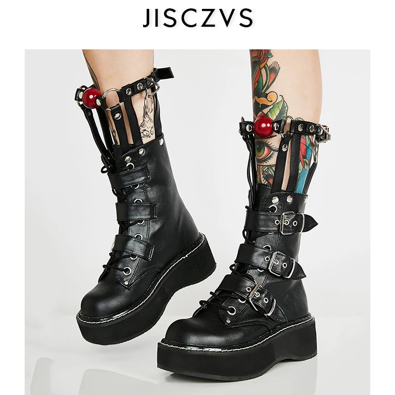 

Women Genuine Leather Boots Thick Heel Platform Ankle Boots Lace Up Buckle Ladies Slip-on Short Booties Autumn Shoes Women Punk