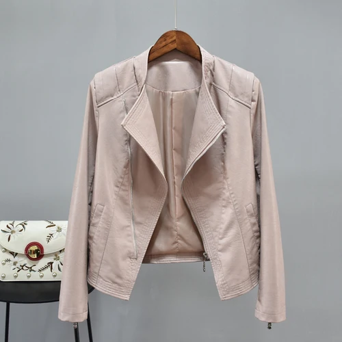 pink Новинка осени, женский костюм с воротником, тонкая короткая куртка из искусственной кожи, куртка на молнии из искусственной кожи, Повседневная Мягкая байкерская куртка - Цвет: pink