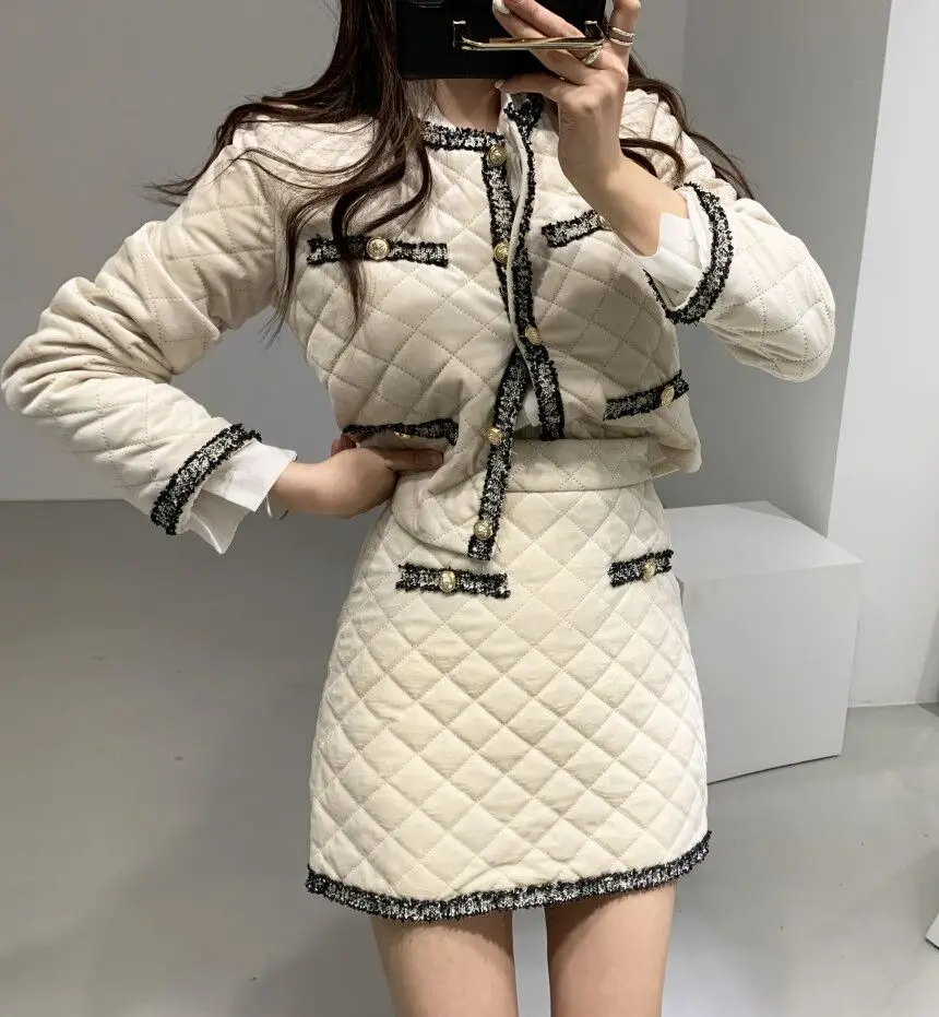 Chic Vintage Ladies Thicken 2 Piece Skirt Suits Women Diamond Pattern Coat Jacket+ A-line Skirt Suits Fashion Elegant 2 Pcs Set