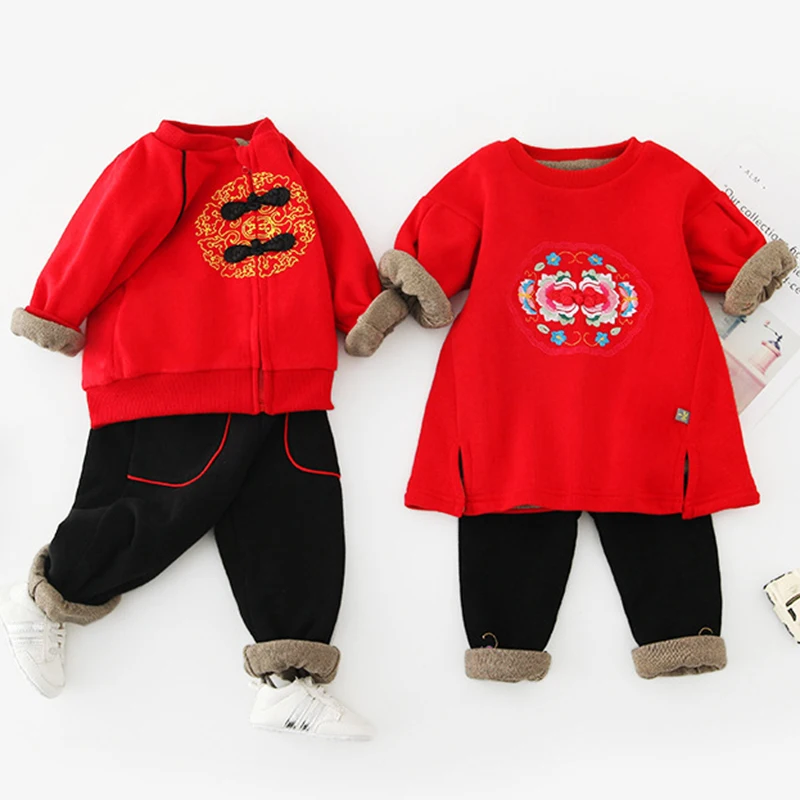 

Children's Girls Boy New Year Clothes Blessing Winter Velvet Suit Two Suit Baby Chinese-Style Ethnic-Style Suit