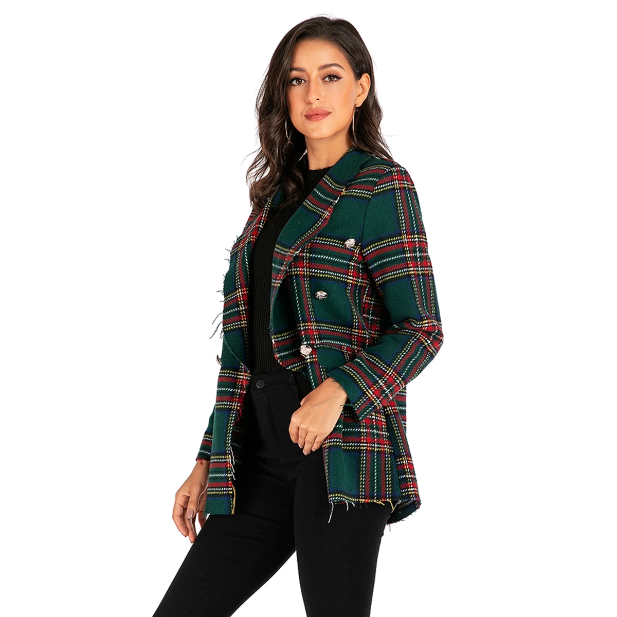 Fashion ladies jacket autumn and winter new plaid long-sleeved woolen coat jacket cardigan women's jacket