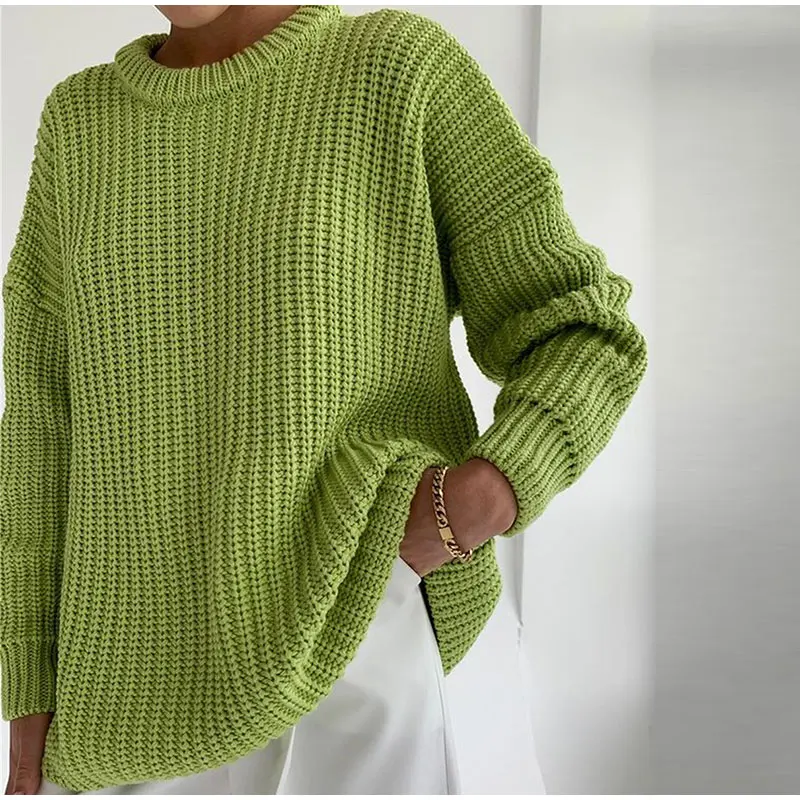 Women Solid Knitted Thickening Oversized Sweater Female Round Neck Long Sleeve Casual Loose Pullovers Top 2021 Autumn Winter