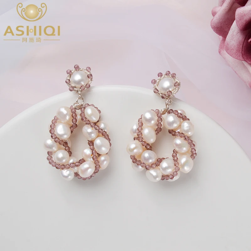ASHIQI Natural Big Pearls Drop Earrings for Women with Purple Crystal Beads Handmade 925 Sterling Silver Jewelry | Украшения и