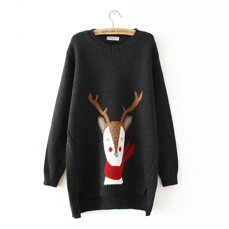 

Plus size herfst winter O-hals vrouwen Gebreide truien casual black & dark red herten losse dames trui wol vrouwelijke 4XL