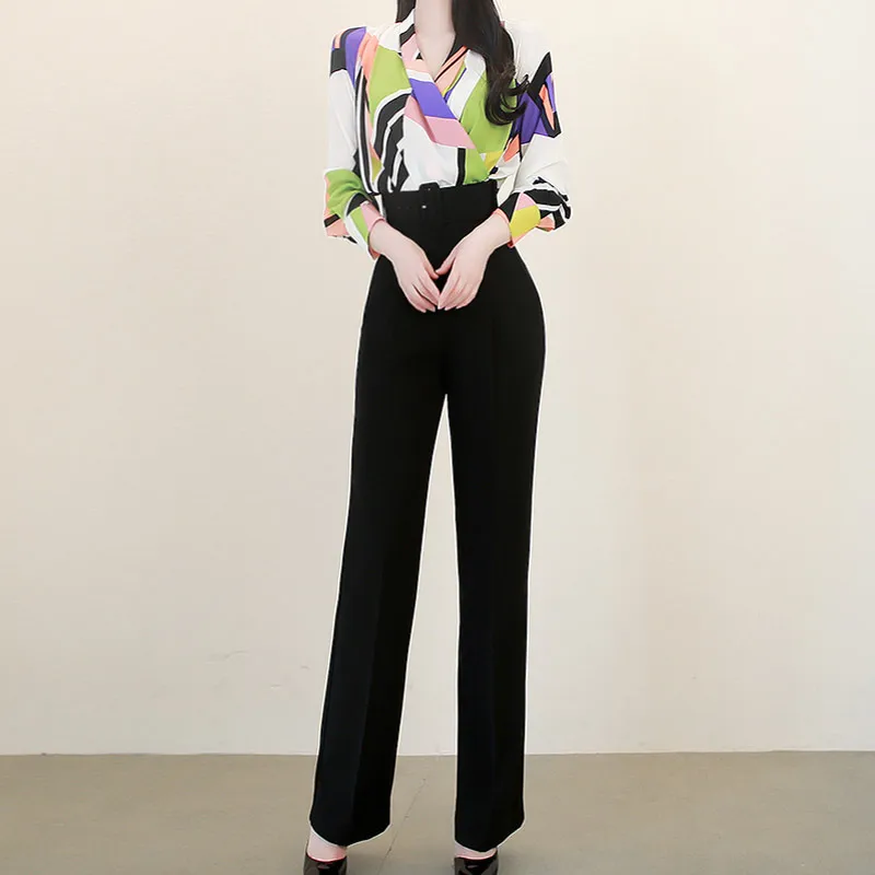 

2019 Autumn New 2 Pieces Women Set Color Block Geometric Long Sleeve Shirts+long Trousers 2 Piece Outfits for Women Chemise