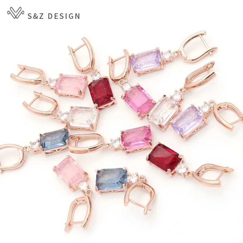 S&Z Fashion Geometric Square Colorful Resin Round Zirconia Dangle Earrings For Women Girl Wedding Party Personality Jewelry