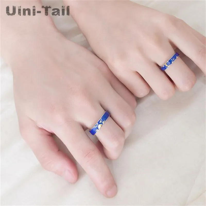 Uini-Tail/горячее предложение, новое кольцо из стерлингового серебра 925 пробы для влюбленных пар, модное кольцо с голубым солнцем и луной Ван Гога и звездой ED377