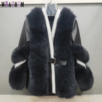 Online 100% Natürliche Echt Fox Haut Frauen Mantel + Real Schaffell Leder Jacke Langarm Mit Diamant Gürtel, Taste Freies
