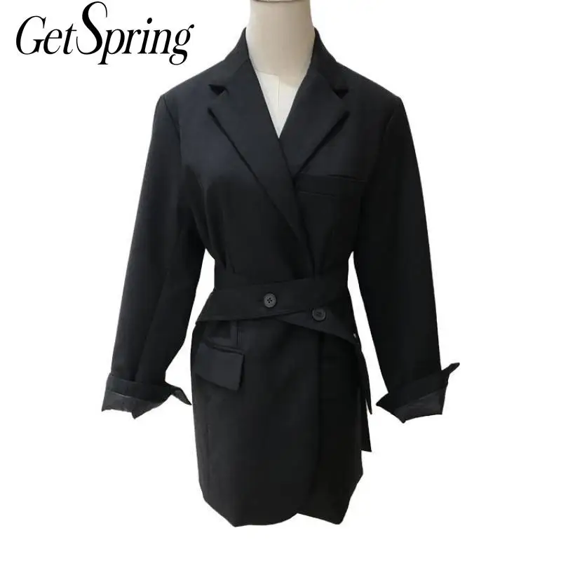 

GetSpring Women Blazer Long Sleeve Lace Up Womens Blazer Coat Temperament Black Blazer Women Suit Coat Long Ladies Tops Autumn