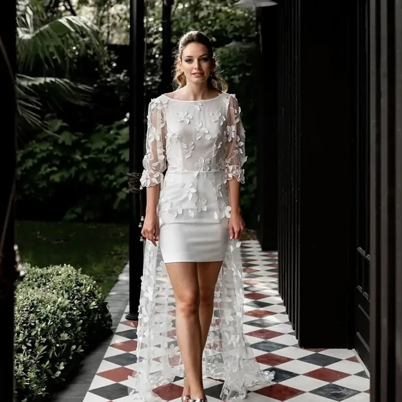 Simple Short Wedding Dress With Train Lace Appliques Backless Floor Length Three Quarter Bridal Gown For Women vestidos de novia simple boat neck wedding dress ruffles a line sweep train stain floor length robe de mariee for women bridal gown custom made