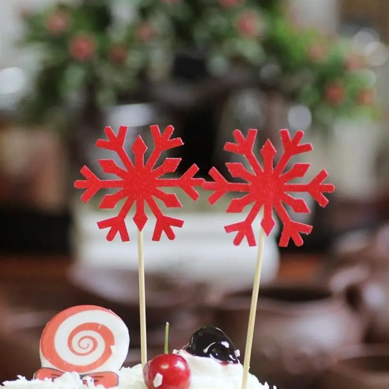 20pcs Red Snowflake Glitter Paper Cake Decorating Toppers Party Decor Cake Insert Christmas Cupcake Toppers Birthday Wedding A35