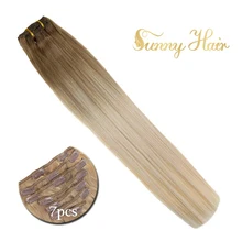 VeSunny Clip in Hair Extensions Real Human Hair 7pcs Clip on Extensions Balayage Ombre Blonde#14/60 120gr