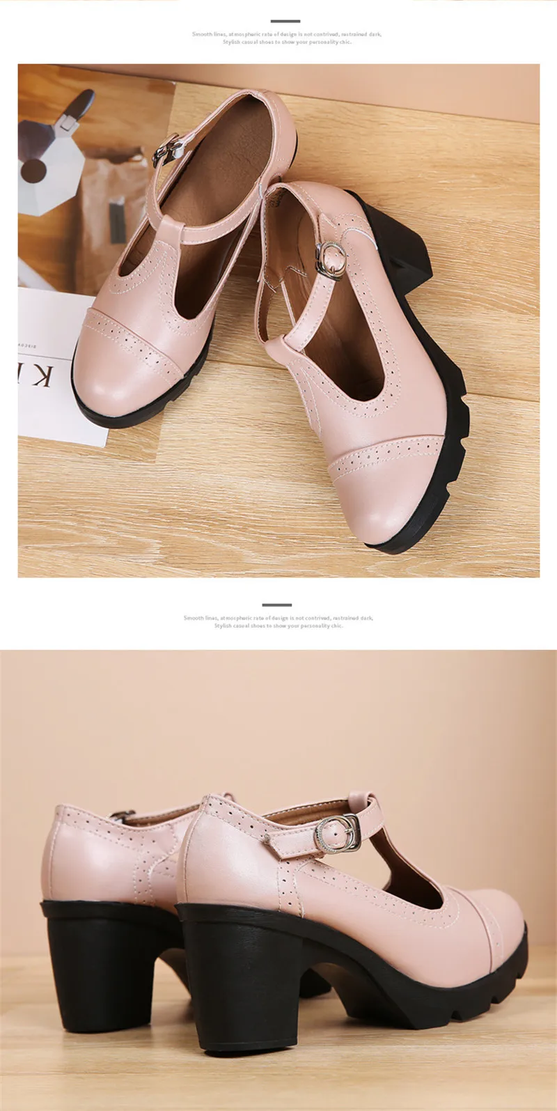 Size 34-43 Pumps Women's Shoes Buckle T-Strap Leather Oxfords Shoes Mary Jane Retro Mid-Heel Ladies Platform Single Pumps Shoes (27)