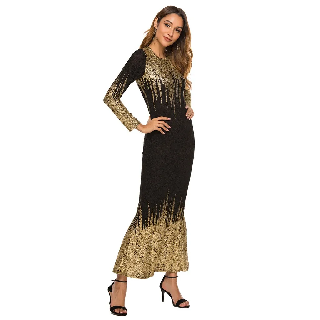 Vestidos robe hiver femme платья размера плюс женские вечерние платья с круглым вырезом и длинным рукавом золотого и серебряного цвета с принтом sukienki