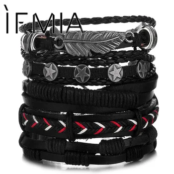 IFMIA Vintage Leaf Feather Multilayer Leather Bracelet Men Fashion Braided Handmade Star Rope Wrap Bracelets & Bangles Male Gift