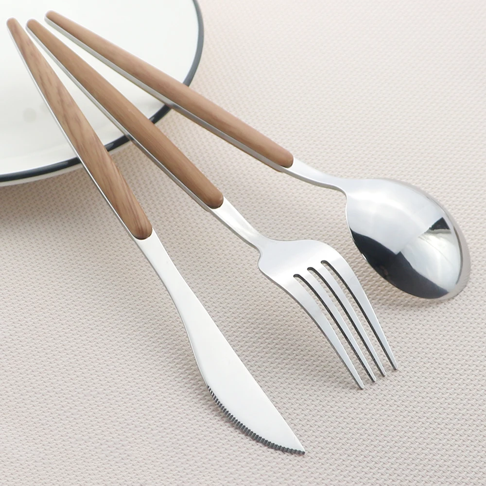 4Pcs/5Pcs Wooden Handle Cutlery Set Stainless Steel Knife Fork Dinnerware Set Coffee Tea Spoon Kitchen Silverware Tableware Set