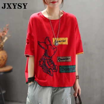 

JXYSY Women T-Shirt 2020 Summer Vintage Cartoon Piglet Patch Embroidery Hole Half Sleeve Cotton Loose Tshirts Female Tops