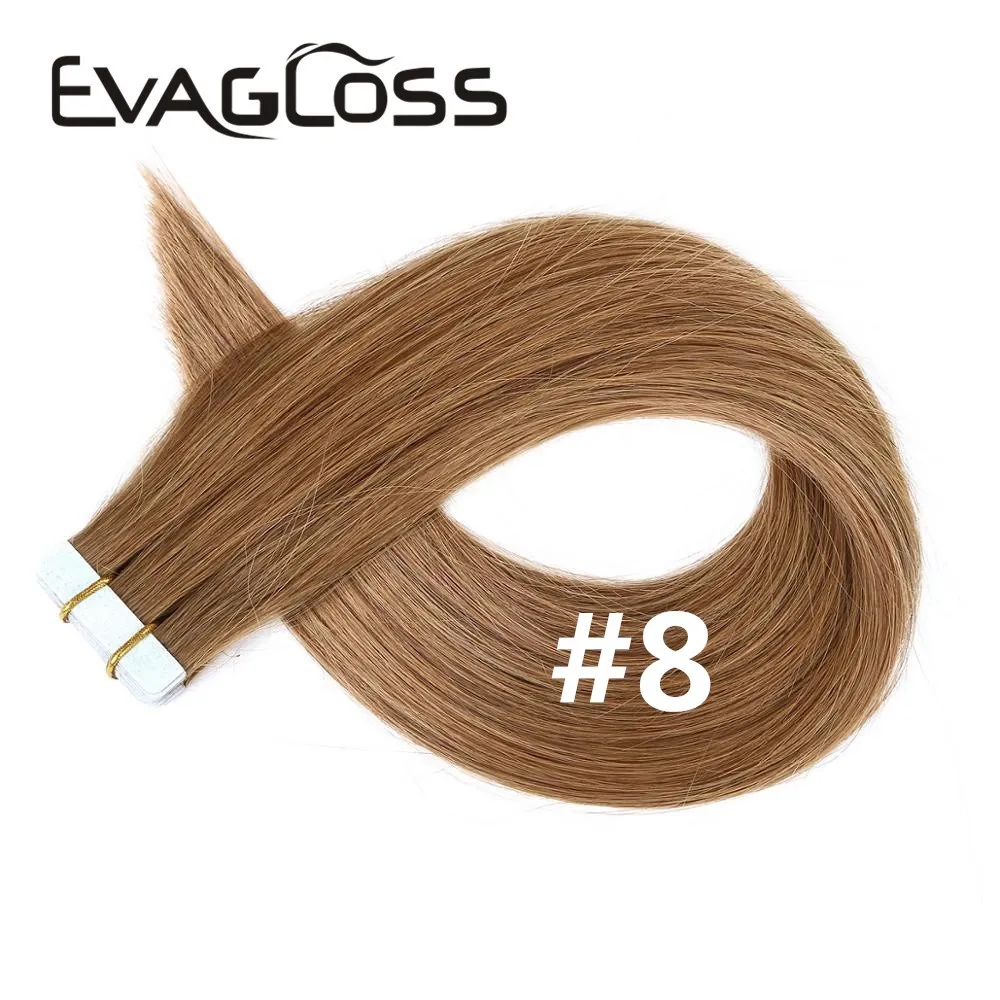 #8 EVAGLOSS, натуральные человеческие волосы для наращивания на Клейкой Ленте, 10 шт., 20 шт., 40 шт., клейкие волосы для наращивания на Клейкой Ленте, 12 дюймов/14 дюймов/16 дюймов/20 дюймов - Цвет: #8