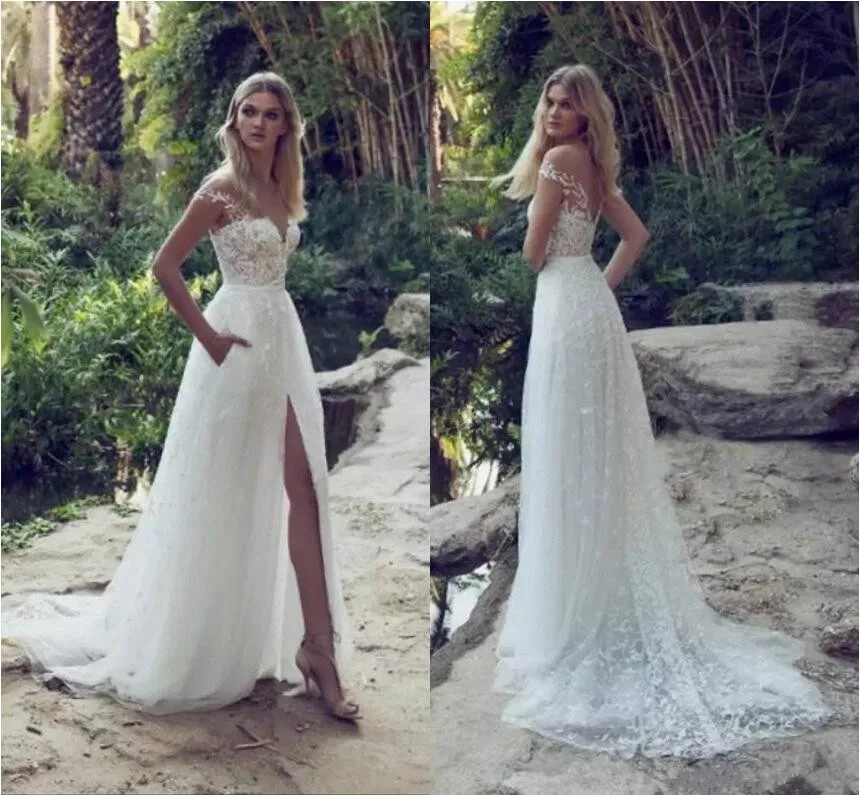 

Limor Rosen Latest Wedding Dresses Illusion Off Shoulder Sweep Train Backless Garden Beach Bridal Gowns Lace Applique A Line