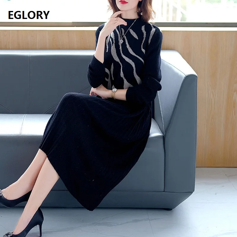 

High Quality Sweater Dress 2019 Autumn Winter Vestidos Women Wave Patterns Knitting Long Sleeve Mid-Calf Pleated Dress Female