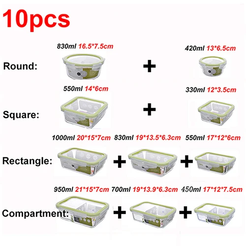 Стеклянный Ланч-бокс подходит для нагревания в микроволновке охлажденный запаянный герметичный контейнер для еды прозрачный боросиликатный контейнер для еды - Цвет: All 10pc