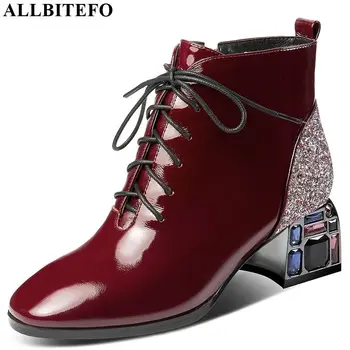 

ALLBITEFO real genuine leather Autumn Winter women boots Crystal heel Square toe ankle boots Frenulum fashion girls boots
